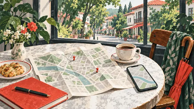 تصویرسازی نقشه و قهوه کنار پنجره برای برنامه‌ریزی مسیر؛ نقشه واقعی رشت نیست
